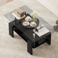 HOMCOM Tavolino da Caffè Moderno a 2 Livelli in Legno e Acciaio con Piano in Vetro Temperato, 90x50x42 cm, Nero(m-8)