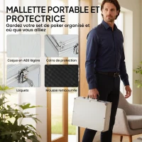 SPORTNOW Mallette de Poker Coffret de Poker Complet 300 Jetons, Cartes à Jouer, Dés, Dealer, Tapis, Clés, Boîtier en ABS, Argent(m-8)