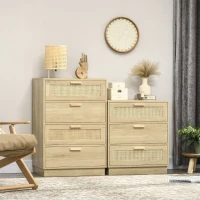 HOMCOM Cómoda com 3 Gavetas de Vime Cómoda de Madeira para Dormitório Sala de Estar Estilo Boêmio 60x38x69 cm Madeira(m-8)