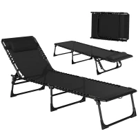 Outsunny Tumbona Plegable Ajustable de 4 Posiciones con Sistema de Cordones para Exterior Marco Acero 189x58x30 cm Negro(m-1)