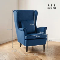 HOMCOM Modern Accent Chair with High Backrest and Pillow, Velvet-Feel Fabric Reading Chair with Solid Wood Legs, Blue(m-3)