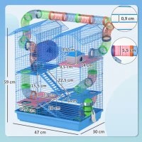 PawHut Jaula para Hámster de Múltiples Niveles con Tubos Plataformas Comedero Bebedero Casita Rueda Escaleras 47x30x59 cm Azul(m-3)