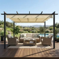 Outsunny Pérgola de Jardín 4x3 m con Techo Retráctil Estructura de Aluminio UPF30+ Orificios de Drenaje Pabellón Exterior Crema(m-7)