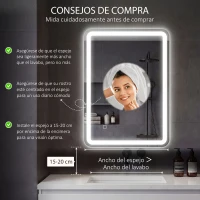 HOMCOM Espejo de Baño con Luces LED 70x90 cm 3 Colores de Luz Brillo Regulable Función Antivaho Función de Memoria IP44(m-4)