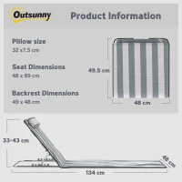 Outsunny Set of 2 Foldable Garden Beach Chair Mat Lightweight Outdoor Sun Lounger Seats Adjustable Back Metal Frame PE Fabric Head Pillow w/ Carry Bag, Light Grey(m-3)