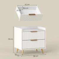 HOMCOM Noptieră, masă de noapte cu 2 sertare canelate, picioare metalice aurii, 50 x 40 x 50 cm, alb(m-3)