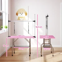 PawHut Mesa de Peluquería Canina Plegable con Cesta Metálica Barra de Acero Inoxidable Ajustable 107x60x164 cm Rosa(m-3)