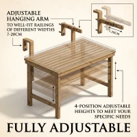 Outsunny Masă Suspendată de Exterior, Masă Reglabilă pentru Balustradă, Blat Suport cu Montare pe Perete, 68x65x40,5-55 cm, Tec(m-4)