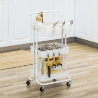 HOMCOM Carrito Auxiliar con Ruedas Carro de Almacenaje Multifuncional con Ganchos y Cajas Colgantes 42x38x86,5 cm Blanco(m-9)