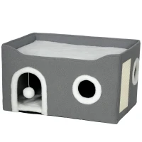 PawHut Casa para Gatos Plegable con Rascador 3 Entradas Bola Colgante Cojín Reversible en Felpa y Tipo Lino 60x40X34 cm Gris(m-1)