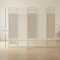 HOMCOM Paravan separator de încăperi cu 6 panouri pliabil din sfoară de hârtie 160x170cm decor pentru dormitor alb(m-3)