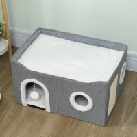 PawHut Casa para Gatos Plegable con Rascador 3 Entradas Bola Colgante Cojín Reversible en Felpa y Tipo Lino 60x40X34 cm Gris(m-8)