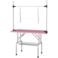 PawHut Mesa de Peluquería Canina Plegable con Cesta Metálica Barra de Acero Inoxidable Ajustable 107x60x164 cm Rosa(m-1)