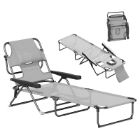 Outsunny Tumbona Plegable Respaldo Ajustable Orificio de Lectura Reposacabezas y Brazos Carga 120 kg 145x72x89 cm Gris Oscuro(m-10)