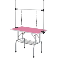 PawHut Mesa de Peluquería Canina Plegable con Cesta Metálica Barra de Acero Inoxidable Ajustable 107x60x164 cm Rosa(m-11)