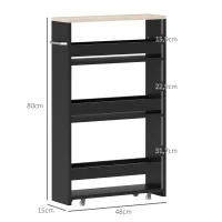 kleankin Carrito Auxiliar con Ruedas de 3 Niveles Carrito de Cocina Estrecho con 3 Estantes Tablero y Asa 48x15x80 cm Negro(m-3)