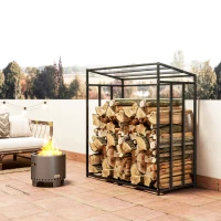 Outsunny Leñero Exterior Metálico de Chimenea Soporte para Leña con Cubierta Impermeable Carga 300 kg 140x70x154 cm Negro(m-9)