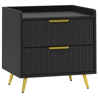 HOMCOM Noptieră, masă de noapte cu 2 sertare canelate, picioare metalice aurii, 50 x 40 x 50 cm, negru(m-1)