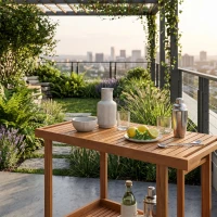 Outsunny Masă Suspendată de Exterior, Masă Reglabilă pentru Balustradă, Blat Suport cu Montare pe Perete, 68x65x40,5-55 cm, Tec(m-7)