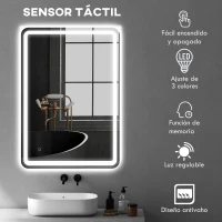 HOMCOM Espejo de Baño con Luces LED 70x100 cm 3 Colores de Luz Brillo Regulable Función Antivaho Función de Memoria IP44(m-5)