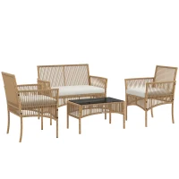 Outsunny Juego de 4 Piezas Muebles de Terraza con 1 Sofá de 2 Plazas 2 Sillones y 1 Mesa de Centro con Encimera de Cristal Beige(m-10)