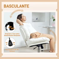 HOMCOM Silla de Oficina Piernas Cruzadas con Asiento Ancho Ruedas Altura Ajustable Doble Acolchado Función Basculante Blanco(m-7)