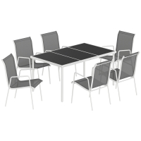 Outsunny Conjunto de Mesa y Sillas Jardín con Mesa de Vidrio Templado 6 Sillas Apilables Transpirables para Terraza Gris