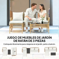 Outsunny Conjunto de Jardín Exterior de Ratán con 1 Sofá de 2 Plazas 1 Sofá Esquinera y 1 Mesa de Centro Tablero de Vidrio Crema(m-4)