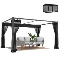 Outsunny Pérgola de Jardim 3x4 m com Teto Retrátil e 4 Laterais em Rede UPF30+ Pérgola para Exterior Terraço Cinzento(m-10)