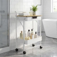 HOMCOM Carrinho Auxiliar com Rodas de 2 Níveis Carrinho de Cozinha com 1 Gaveta e 1 Cesto Carrinho Organizador 45x29,5x68 cm Branco(m-9)