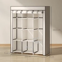 HOMCOM Armario de Tela Plegable Ropero Portátil con 8 Estantes y 2 Barras de Colgar para Dormitorio 125x43x162,5 cm Crema(m-3)