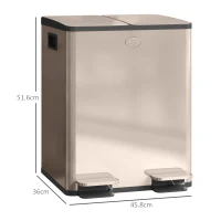 HOMCOM Coș de gunoi pentru bucătărie 2 compartimente 2 x 20L, oțel inoxidabil, capac cu închidere silențioasă, 45,8x36x51,6cm, auriu(m-3)