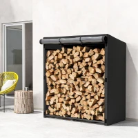Outsunny Leñero Exterior Metálico de Chimenea Soporte para Leña con Cubierta Impermeable Carga 300 kg 140x70x154 cm Negro(m-7)