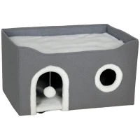PawHut Casa para Gatos Plegable con Rascador 3 Entradas Bola Colgante Cojín Reversible en Felpa y Tipo Lino 60x40X34 cm Gris(m-11)