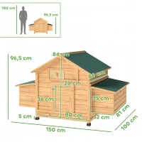 PawHut Galinheiro de Madeira para Exterior com 2 Ninhos Bandeja Removível Poleiros Telhado Impermeável 150x100x96,5 cm Madeira(m-3)