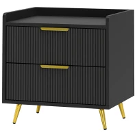 HOMCOM Noptieră, masă de noapte cu 2 sertare canelate, picioare metalice aurii, 50 x 40 x 50 cm, negru(m-7)