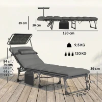 Outsunny Bain de Soleil 5 Positions Inclinables, avec Canopy Coussin Appuie-tête Poche Latérale, 190x57x30cm, Gris Foncé(m-3)