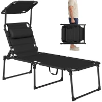Outsunny Bain de soleil chaise longue pliante avec pare-soleil, appuie-tête inclinable en tissu Oxford 70 x 200 x 45 cm, noir(m-10)