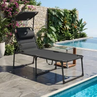 Outsunny Bain de soleil chaise longue pliante avec pare-soleil, appuie-tête inclinable en tissu Oxford 70 x 200 x 45 cm, noir(m-2)
