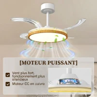 HOMCOM Ventilateur de plafond avec lumière et télécommande, plafonnier ventilateur 95 cm avec pales rétractables, bois naturel(m-6)