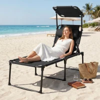 Outsunny Bain de soleil chaise longue pliante avec pare-soleil, appuie-tête inclinable en tissu Oxford 70 x 200 x 45 cm, noir(m-8)
