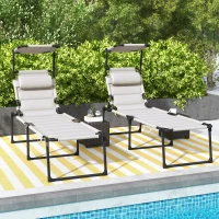 Outsunny Lot de 2 Bains de soleil transats pliables grand confort dossier pare-soleil réglables multi-positions, crème(m-10)
