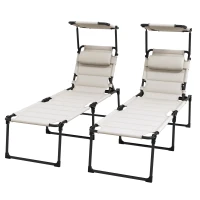 Outsunny Lot de 2 Bains de soleil transats pliables grand confort dossier pare-soleil réglables multi-positions, crème(m-1)