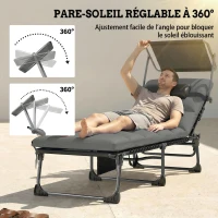 Outsunny Bain de Soleil 5 Positions Inclinables, avec Canopy Coussin Appuie-tête Poche Latérale, 190x57x30cm, Gris Foncé(m-4)