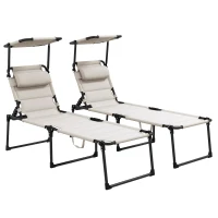Outsunny Lot de 2 Bains de soleil transats pliables grand confort dossier pare-soleil réglables multi-positions, crème(m-12)