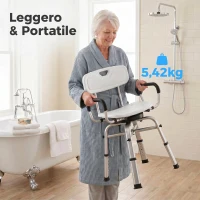 HOMCOM Sedia per Doccia Girevole ad Altezza Regolabile con Braccioli, Schienale, Capacità 150 kg, Bianco(m-7)