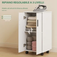 HOMCOM Mobile Stiro Pieghevole a Ruote con Mensola Regolabile e Chiusura Morbida, in Legno e Tessuto, 128x43x83 cm, Bianco(m-6)