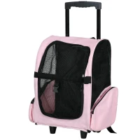 PawHut Sac de transport à roulettes pour chien 2 en 1 trolley chariot sac à dos pour chien chat avec poignée téléscopique, sacs de rangement, aérations, attache de sécurité, 42 x 25 x 55 cm, rose(m-1)