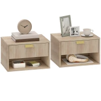 HOMCOM Set of 2 Wall Mounted Nightstands, Floating Bedside Tables with Fluted Drawer and Open Shelf for Small Bedroom, Oak(m-10)