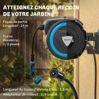 Outsunny Enrouleur Tuyau Arrosage Mural 14+1,5 m avec Verrou et Adaptateurs, Pivotant à 180°, 12 Pulvérisations, 49x15x37cm, Bleu(m-4)